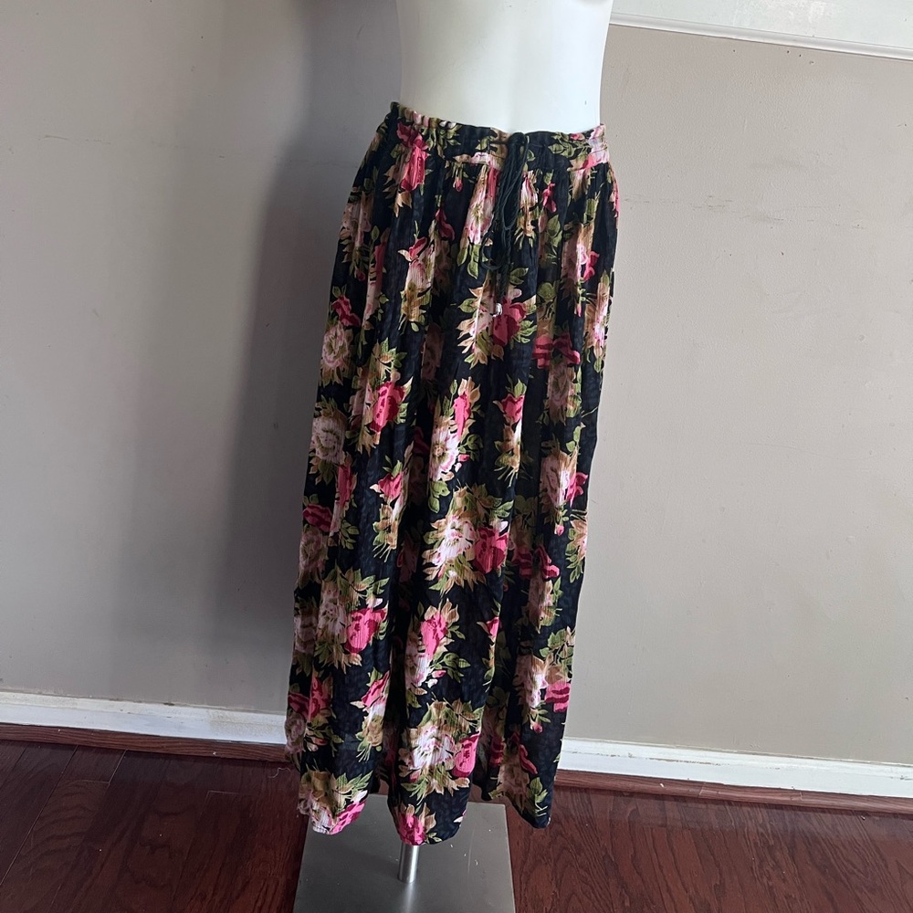 Basic Editions Black and Pink Floral Maxi Skirt